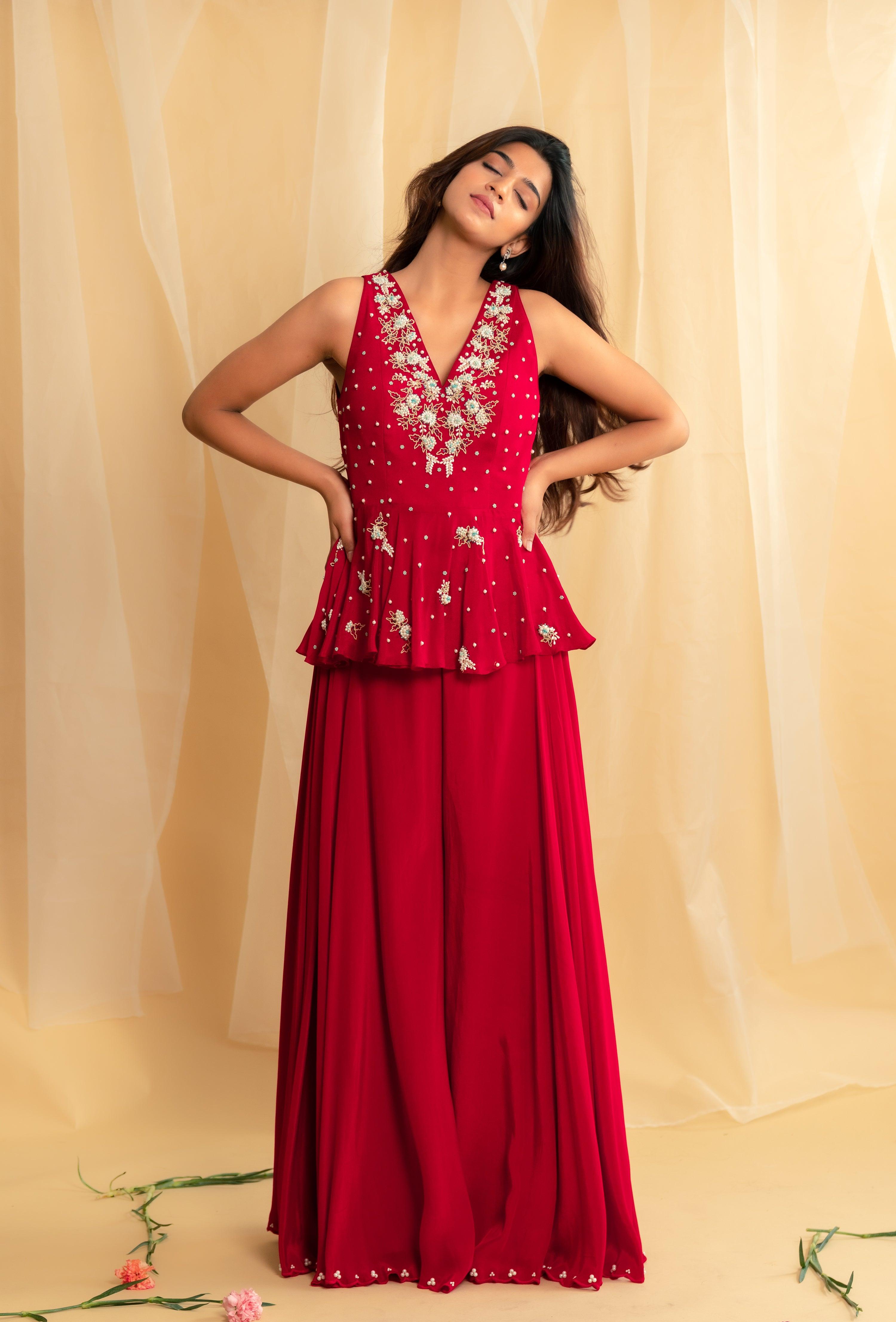 Red peplum top with pearls embroidery and flared palazzo pants set - Sohni