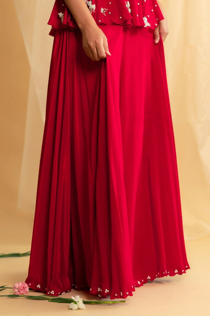 Women Red Peplum Top With Bell Bottom Pants