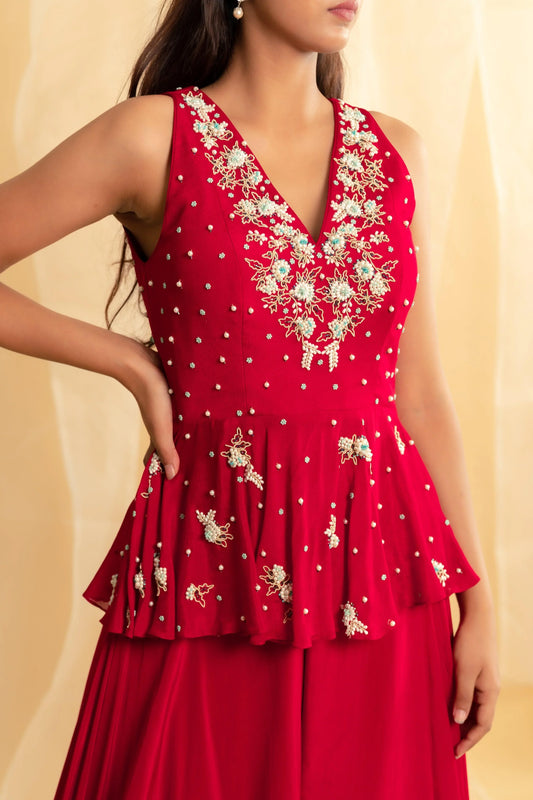Red peplum top with pearls embroidery and flared palazzo pants set - Sohni