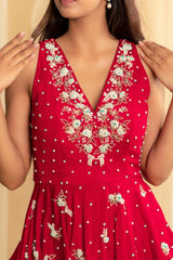 Red peplum top with pearls embroidery and flared palazzo pants set - Sohni
