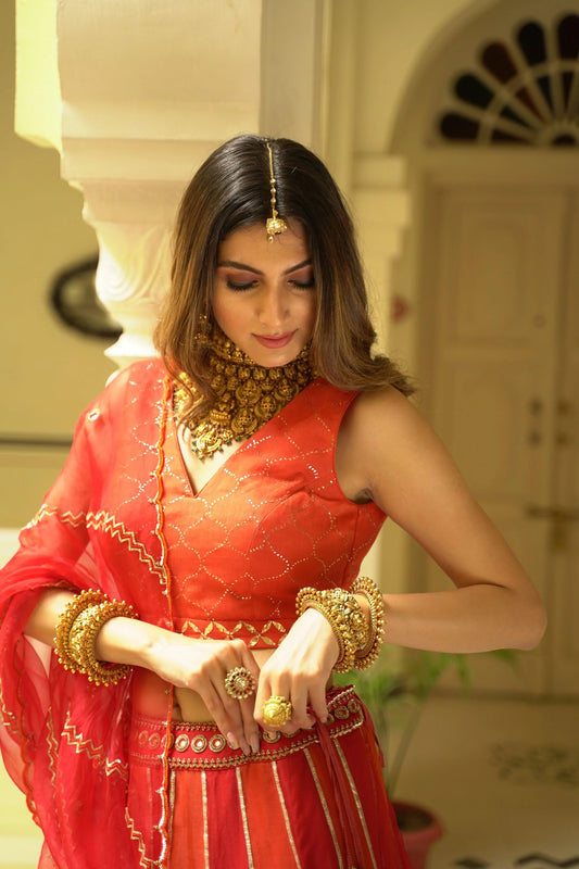 Devkali red organza kalidaar lehnga - Sohni