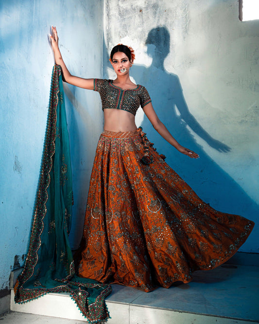 Farozaan burnt orange and peacock silk lehnga set with organza dupatta - Sohni
