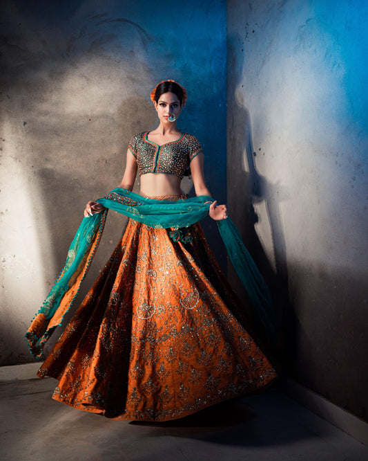 Farozaan burnt orange and peacock silk lehnga set with organza dupatta - Sohni