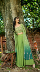 Green ombré hand embroidered cape and bustier with flared pants - Sohni