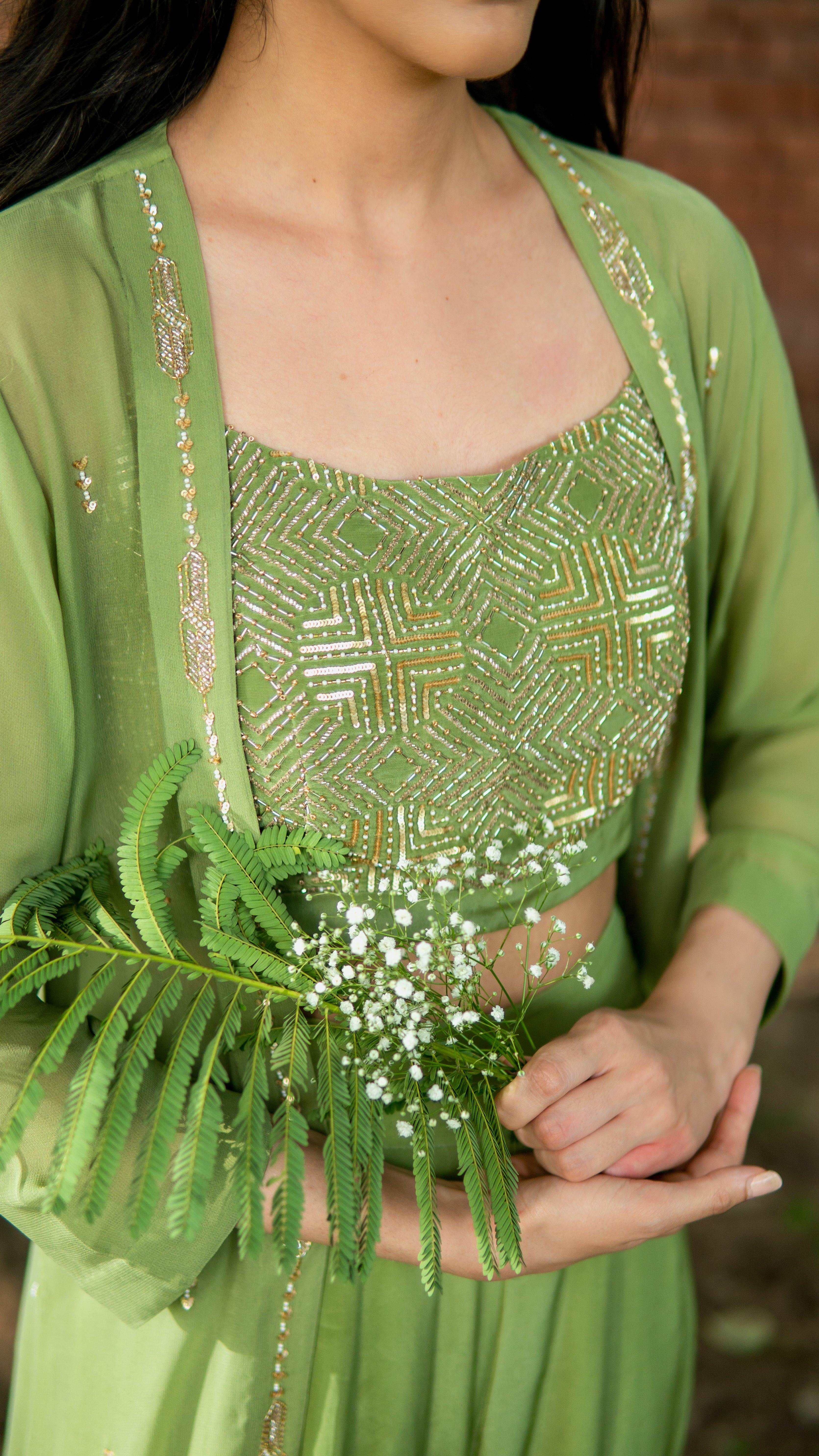 Green ombré hand embroidered cape and bustier with flared pants - Sohni