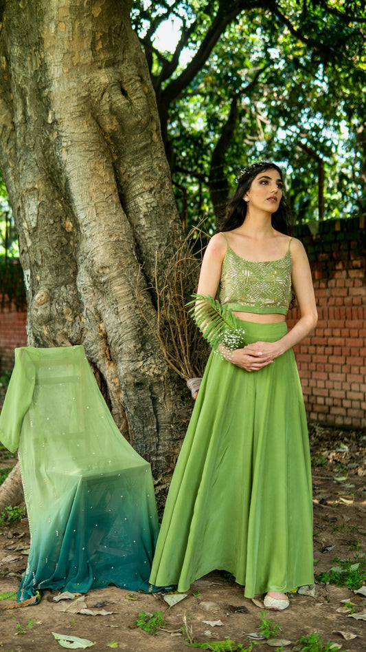 Green ombré hand embroidered cape and bustier with flared pants - Sohni