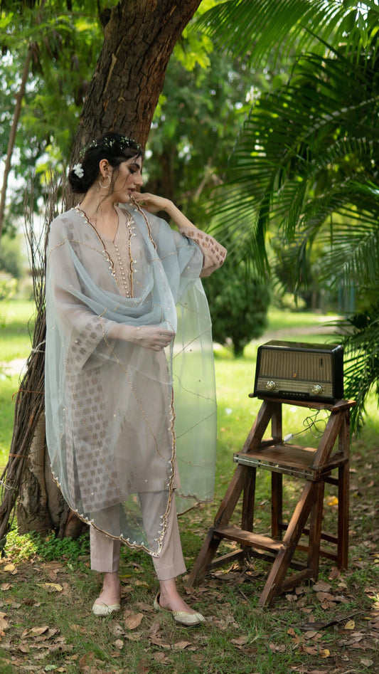 Dusty pink banarsi booti georgette kalidaar kurta set with organza dupatta - Sohni