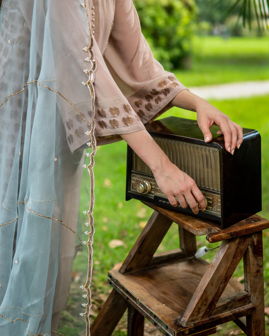 Dusty pink banarsi booti georgette kalidaar kurta set with organza dupatta - Sohni
