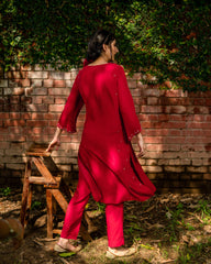 Carmine red hand embroidered georgette kurta with pants and dupatta - Sohni