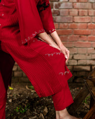 Carmine red hand embroidered georgette kurta with pants and dupatta - Sohni