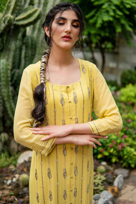 Daffodil yellow hand embroidered georgette kurta set with dupatta - Sohni