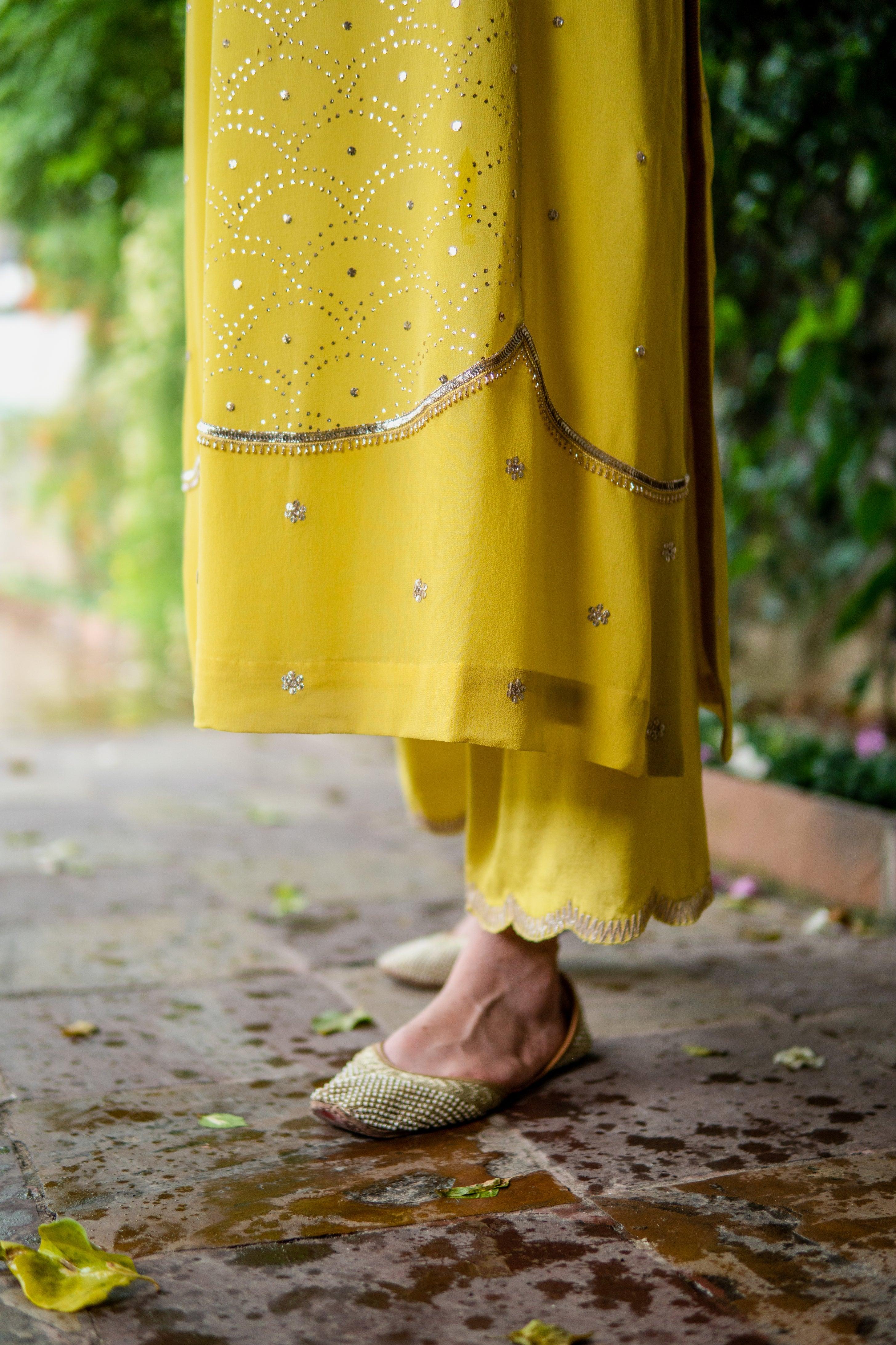 Chartreuse yellow mukaish daana and sequins embroidery kalidaar kurta set - Sohni