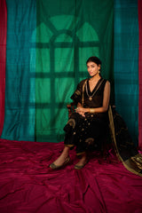 Black peacock motif chanderi kurta and salwar with chanderi zari booti dupatta - Sohni