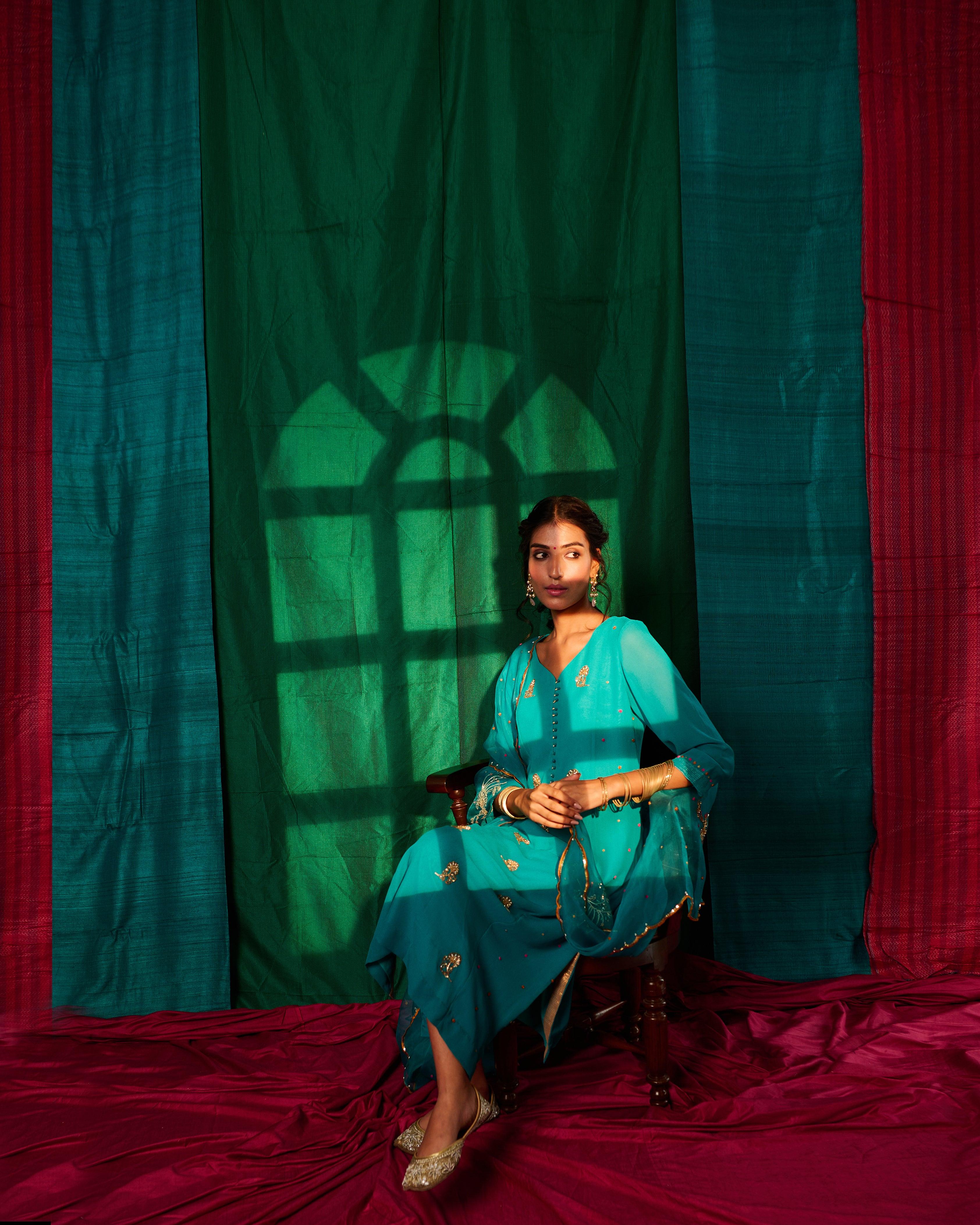 Peacock blue green ombré hand embroidered kurta and pants with organza dupatta - Sohni