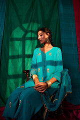 Peacock blue green ombré hand embroidered kurta and pants with organza dupatta - Sohni