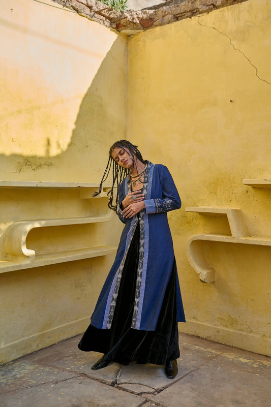 Electric blue silk tweed jacket with ikat and kantha detail - Sohni