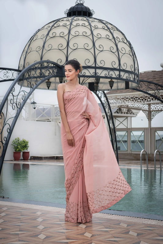Dusty coral pinl crescent embroidered saree with blouse - Sohni
