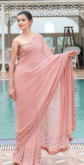 Dusty coral pinl crescent embroidered saree with blouse - Sohni