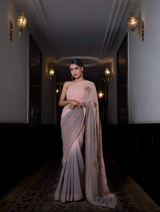 Ombre mauve flowers embroidered georgette saree and blouse set - Sohni