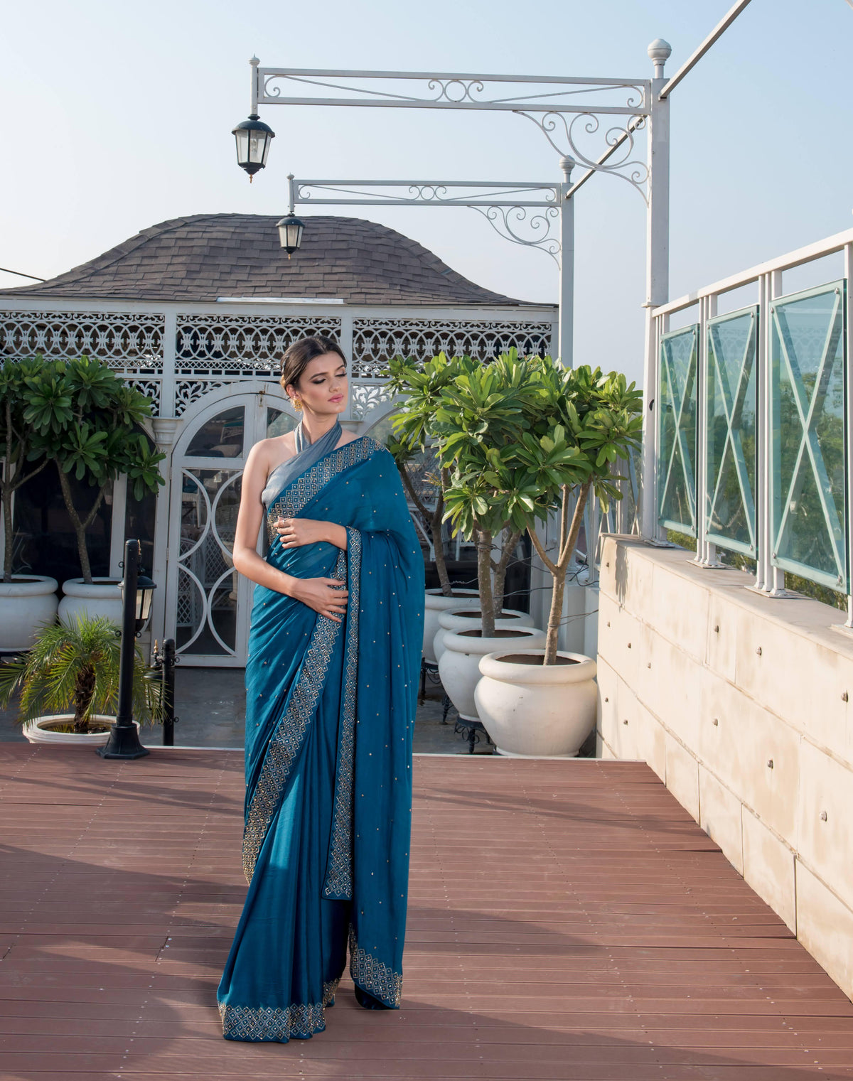 Deep blue mughal jaal embroidered saree and blouse set - Sohni