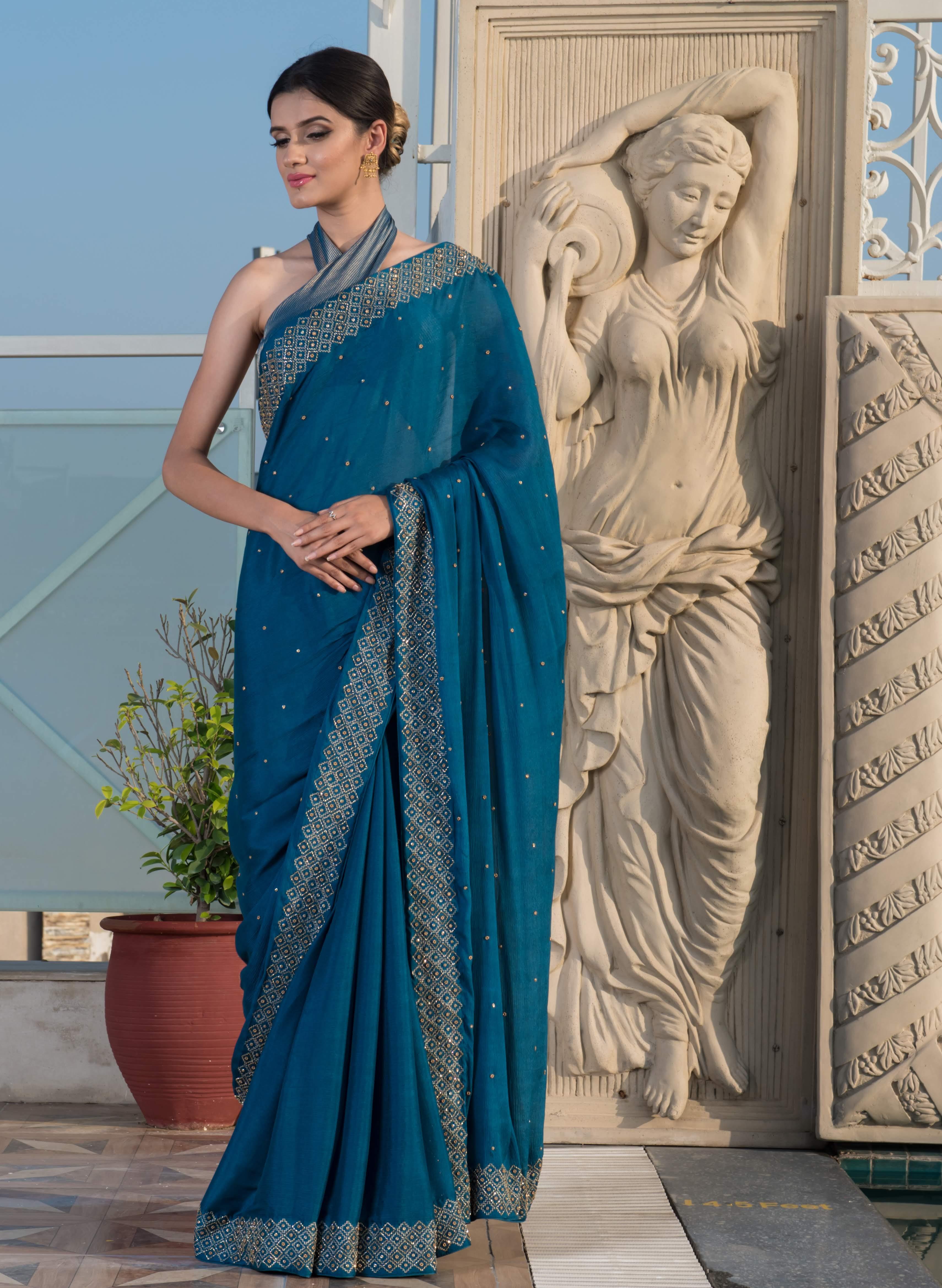 Deep blue mughal jaal embroidered saree and blouse set - Sohni
