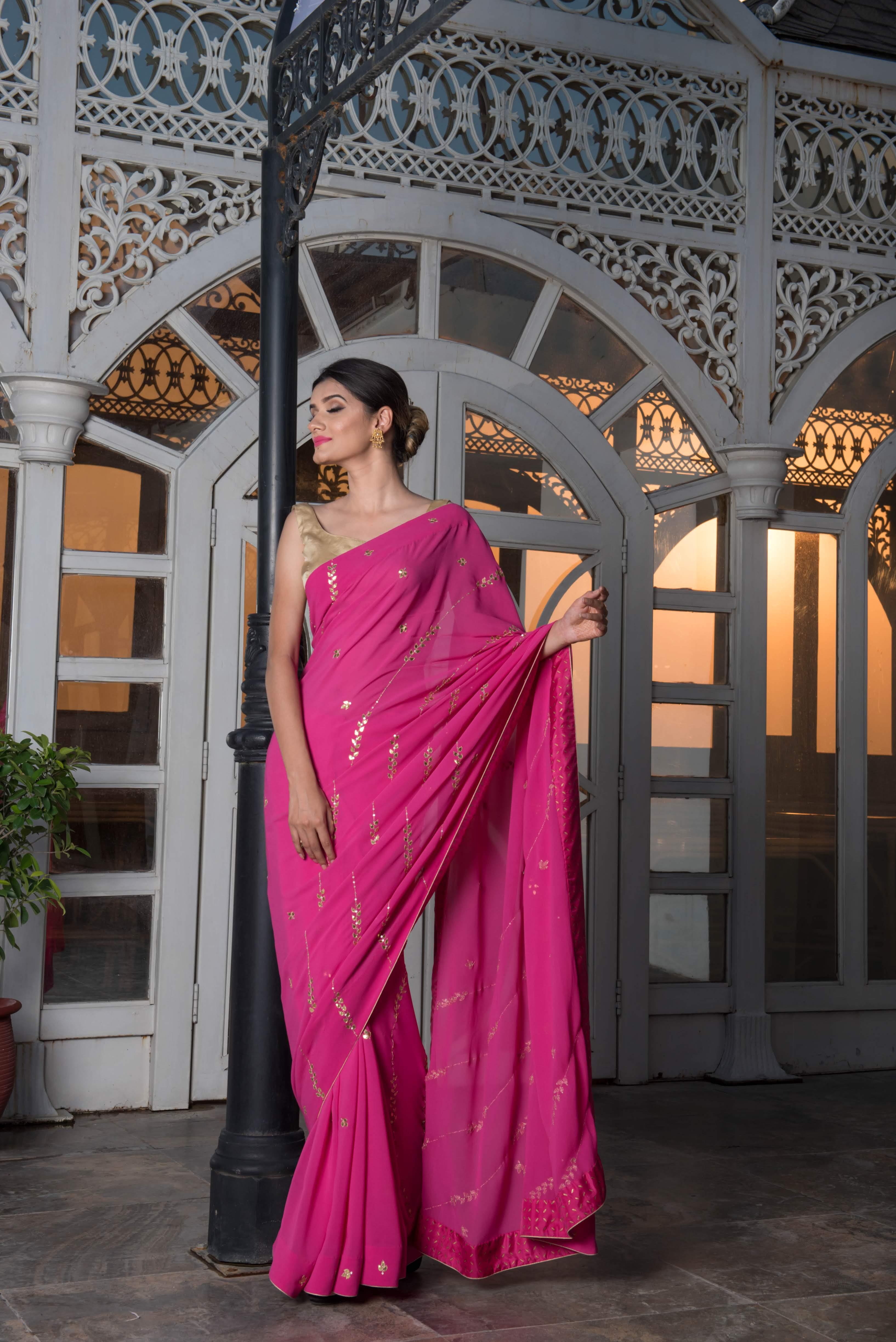 Indian pink gota embroidered georgette saree and blouse - Sohni