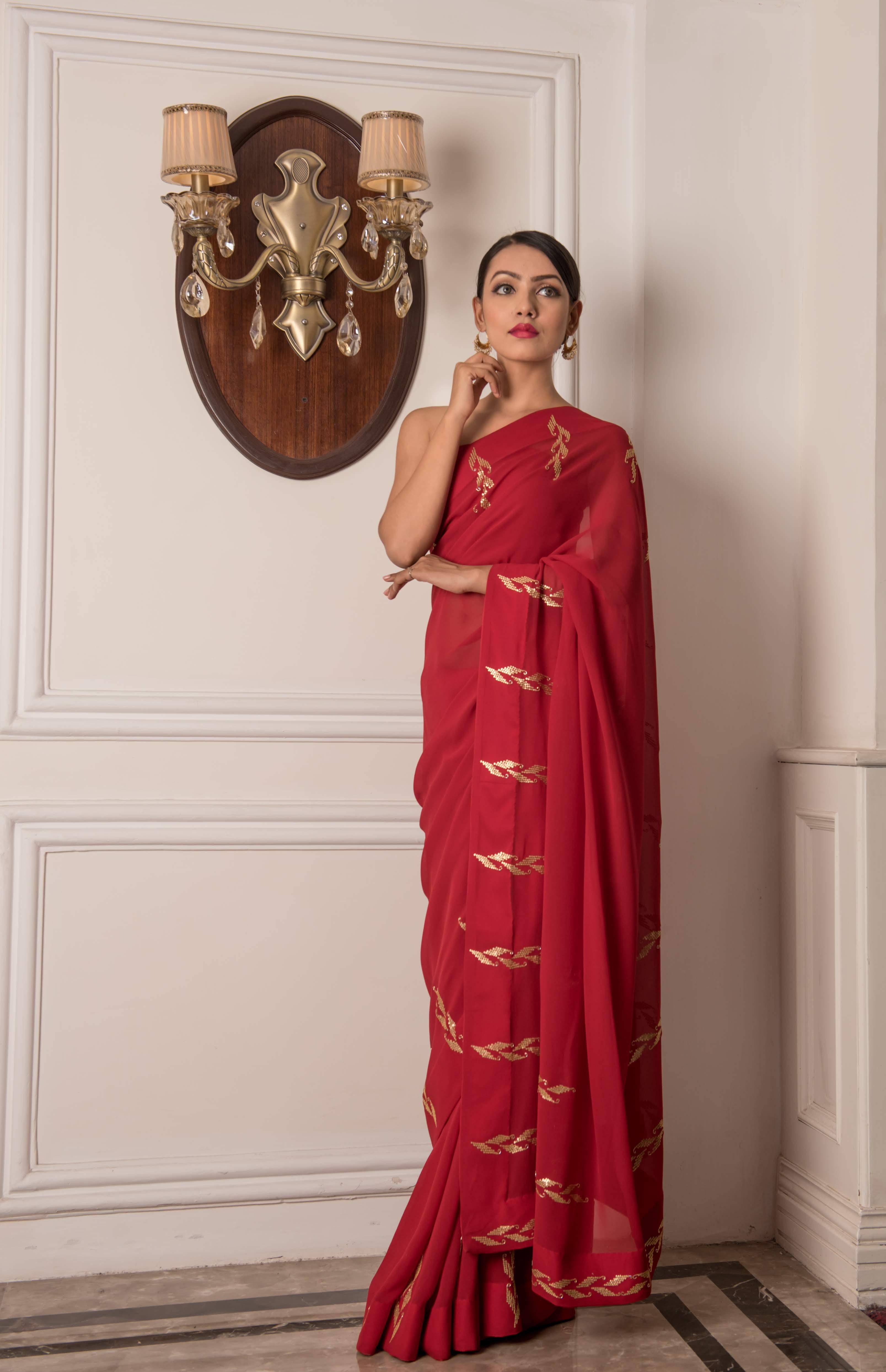 Scarlet red leaf pattern embroidered saree and blouse - Sohni