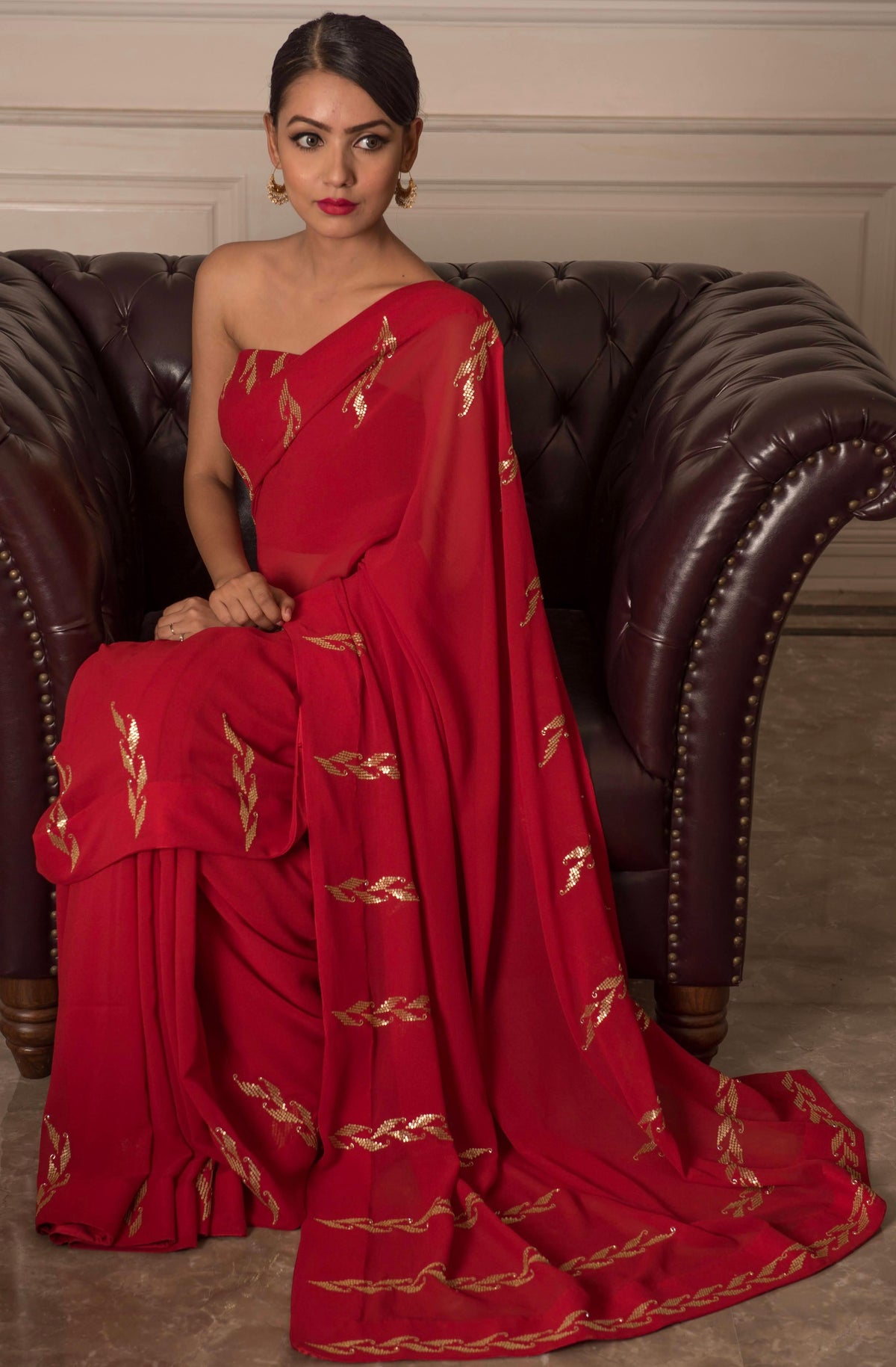Scarlet red leaf pattern embroidered saree and blouse - Sohni