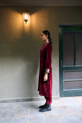 Claret red long kurta with ajrakh detail - Sohni