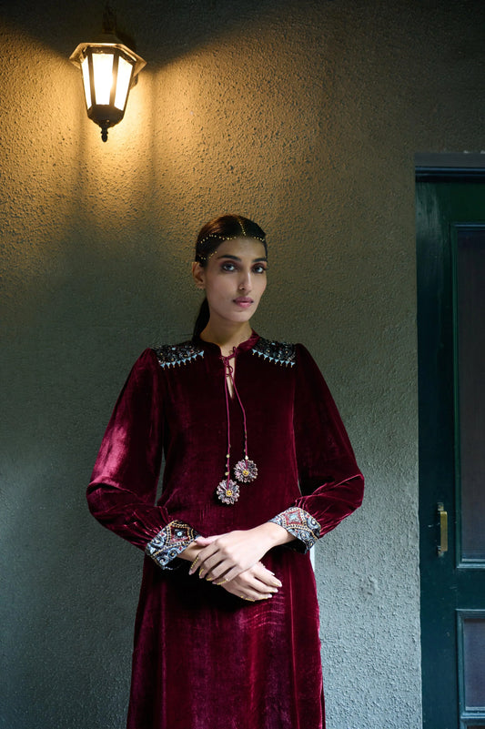 Claret red long kurta with ajrakh detail - Sohni