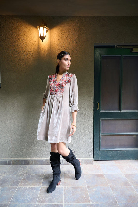Grey velvet ajrakh yoke gathered short dress - Sohni