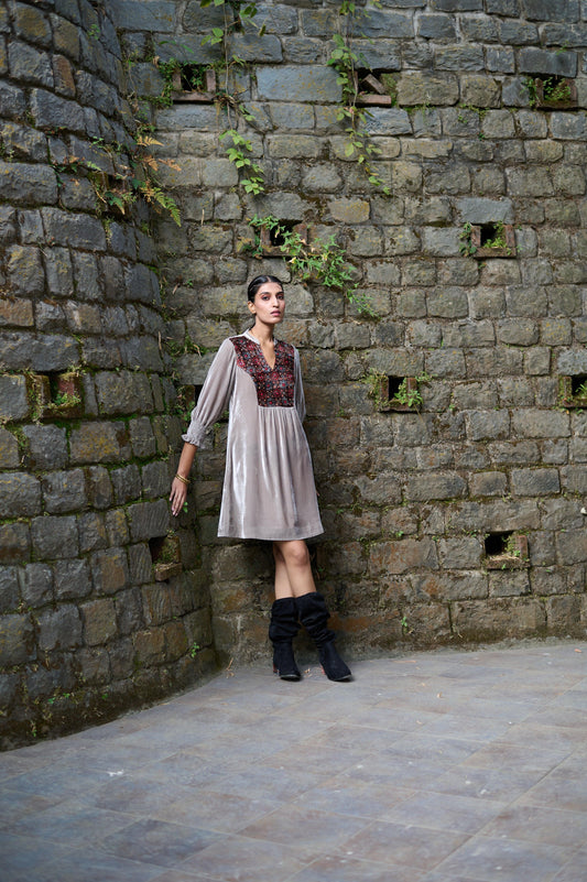 Grey velvet ajrakh yoke gathered short dress - Sohni