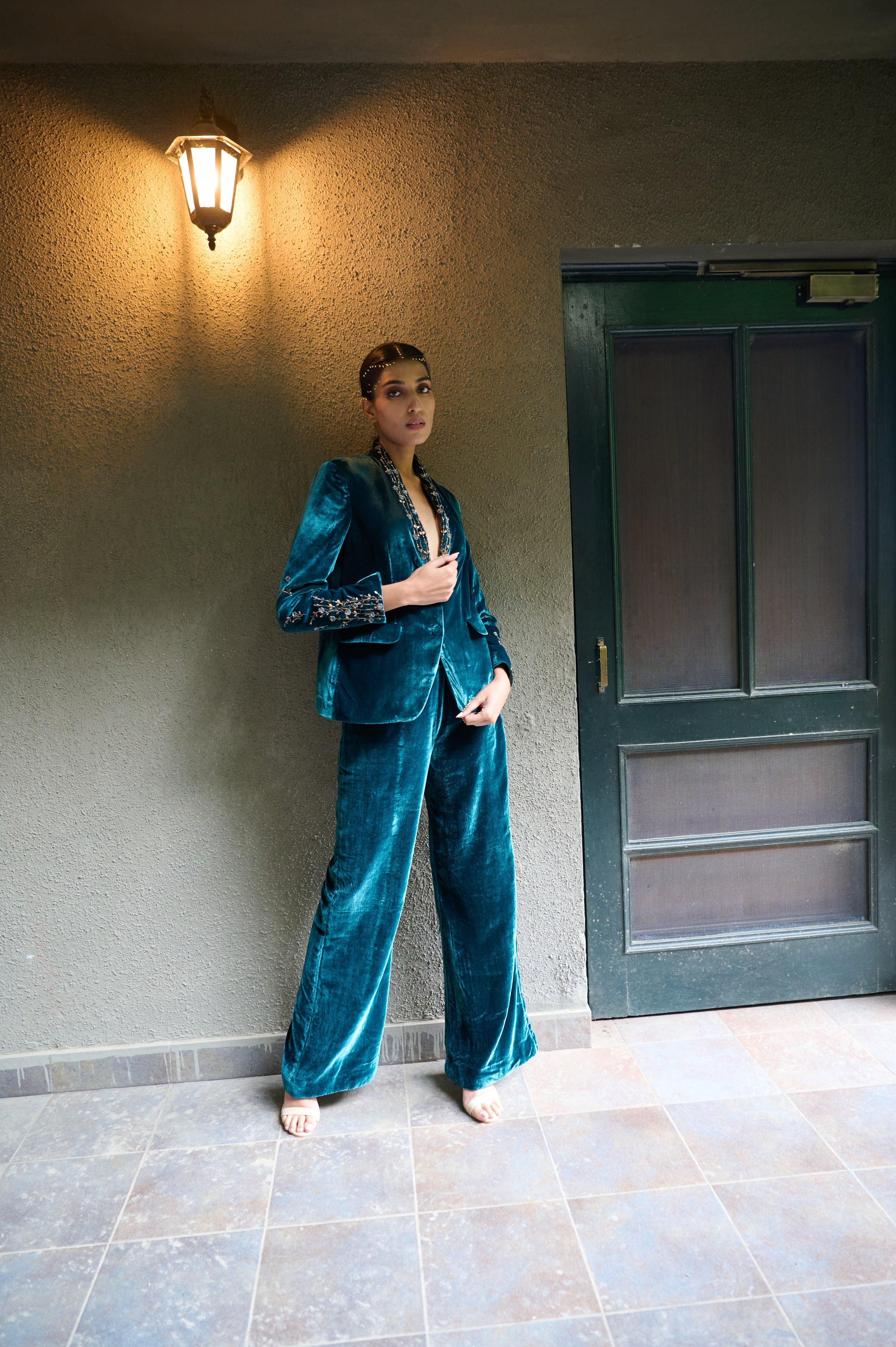 Teal blue velvet blazer and flared pants set – Sohni
