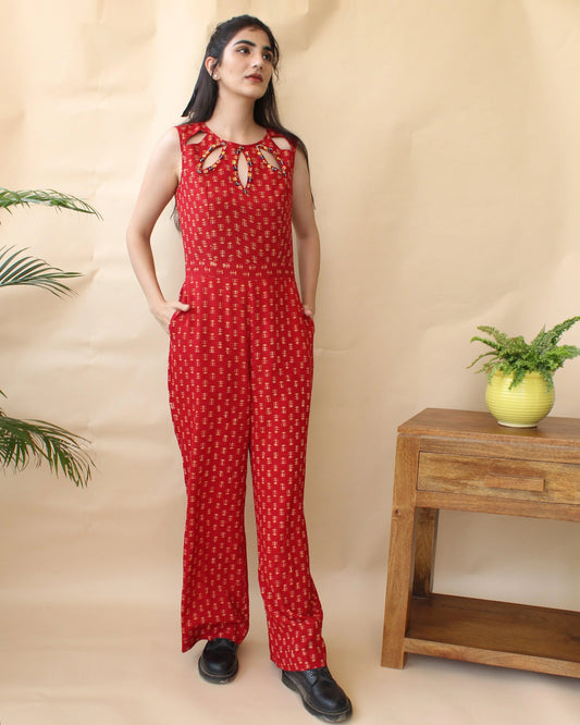 Red daabu print modal jumpsuit with cutout detail - Sohni