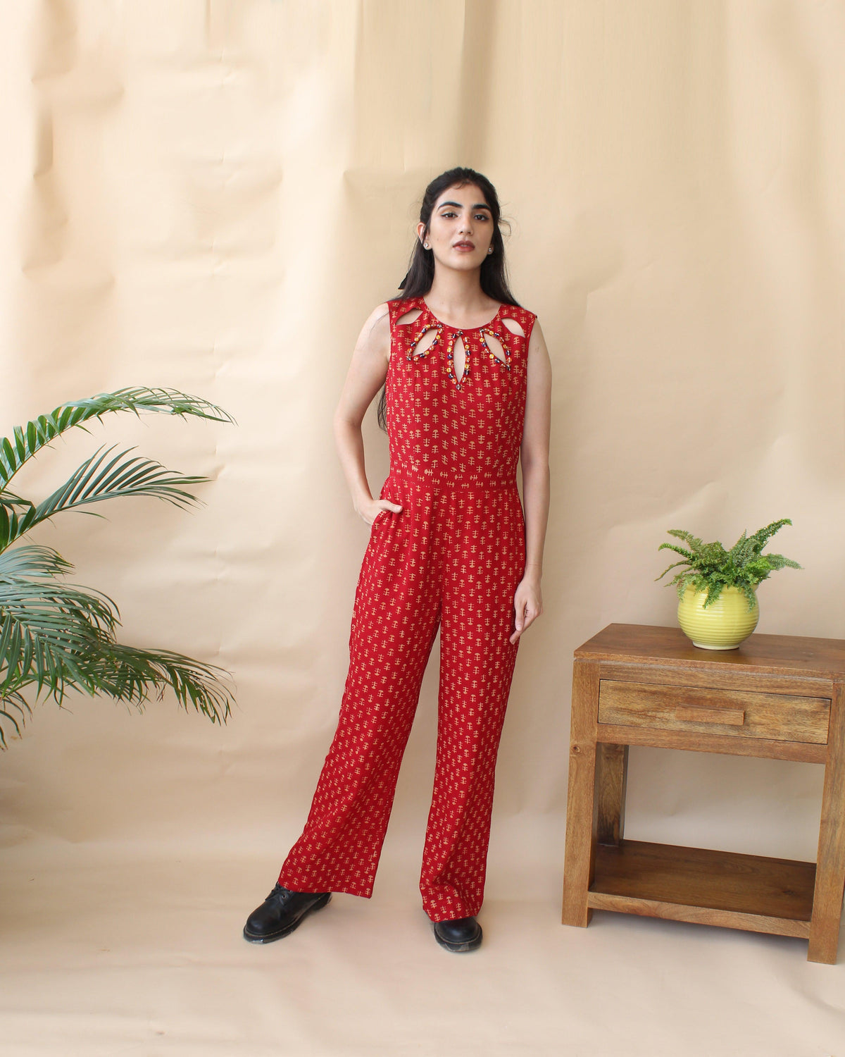 Red daabu print modal jumpsuit with cutout detail - Sohni