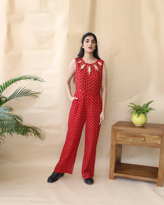 Red daabu print modal jumpsuit with cutout detail - Sohni