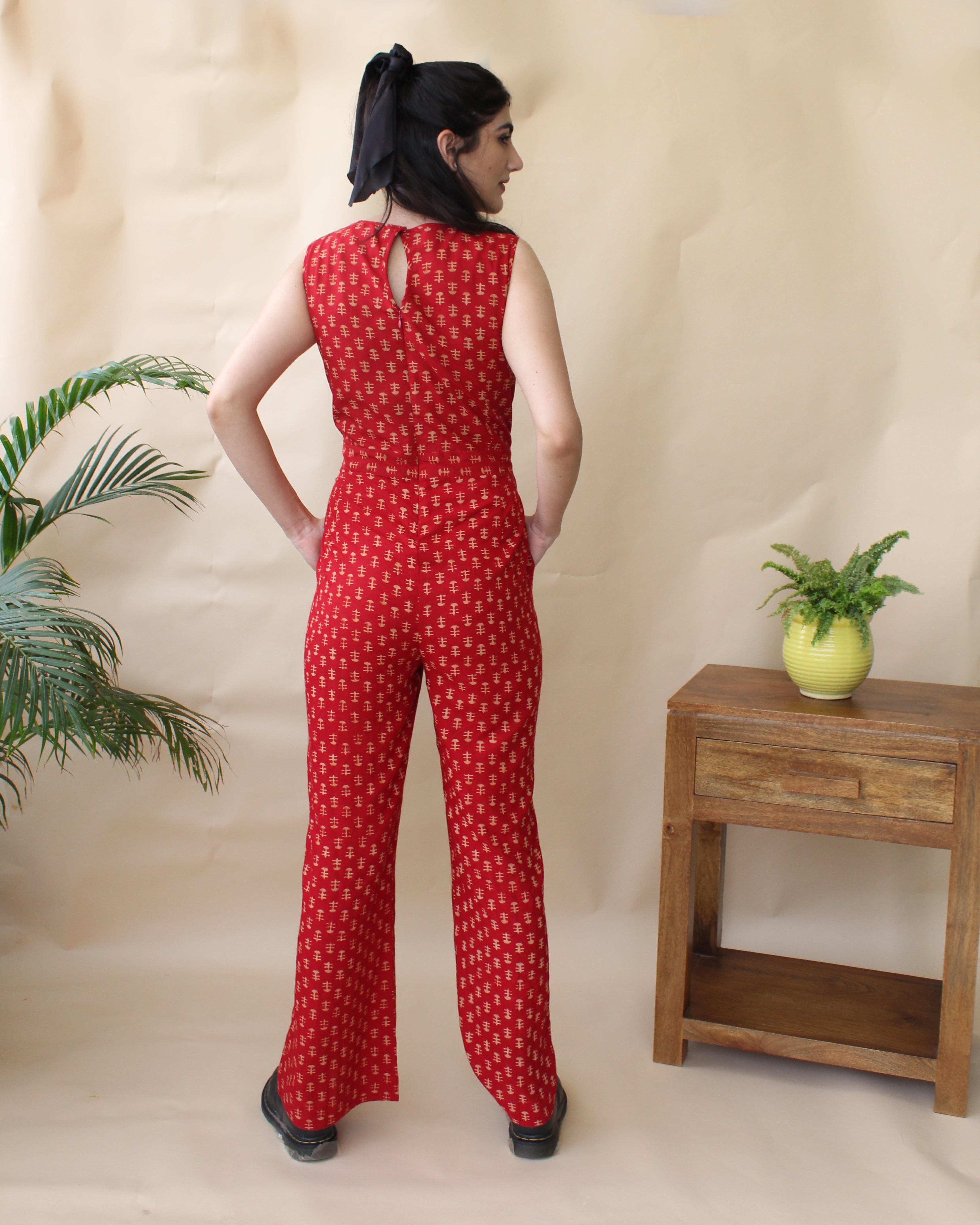 Red daabu print modal jumpsuit with cutout detail - Sohni