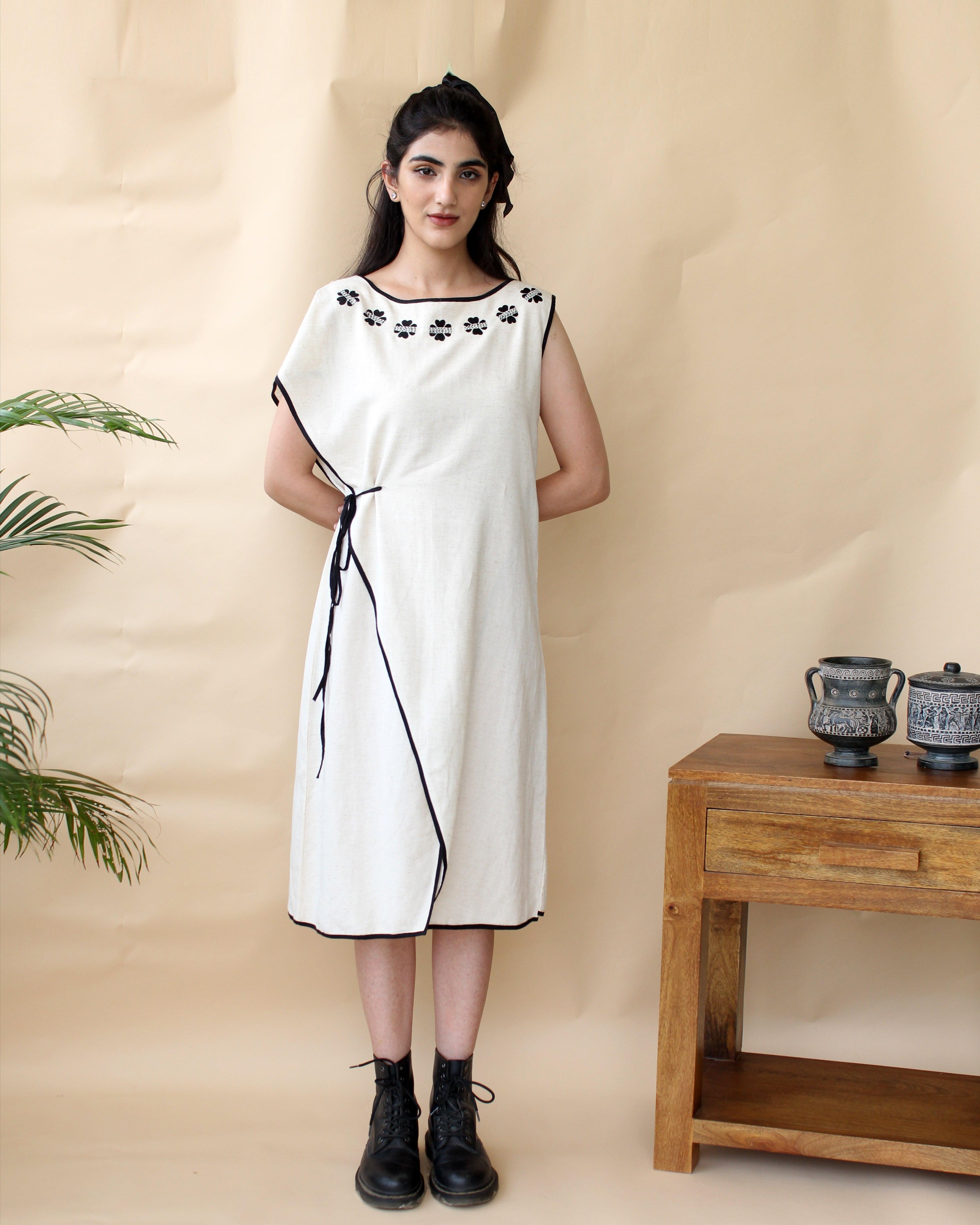 Ivory and black tie up dress with flower motifs - Sohni