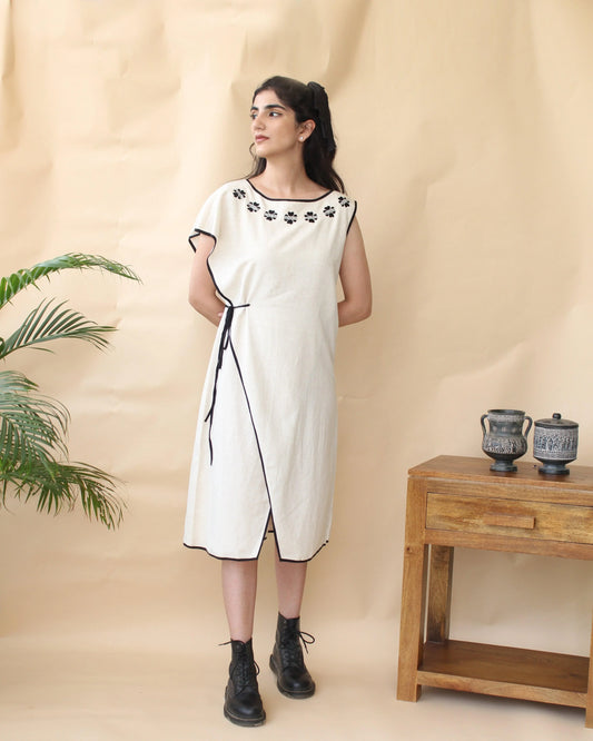 Ivory and black tie up dress with flower motifs - Sohni