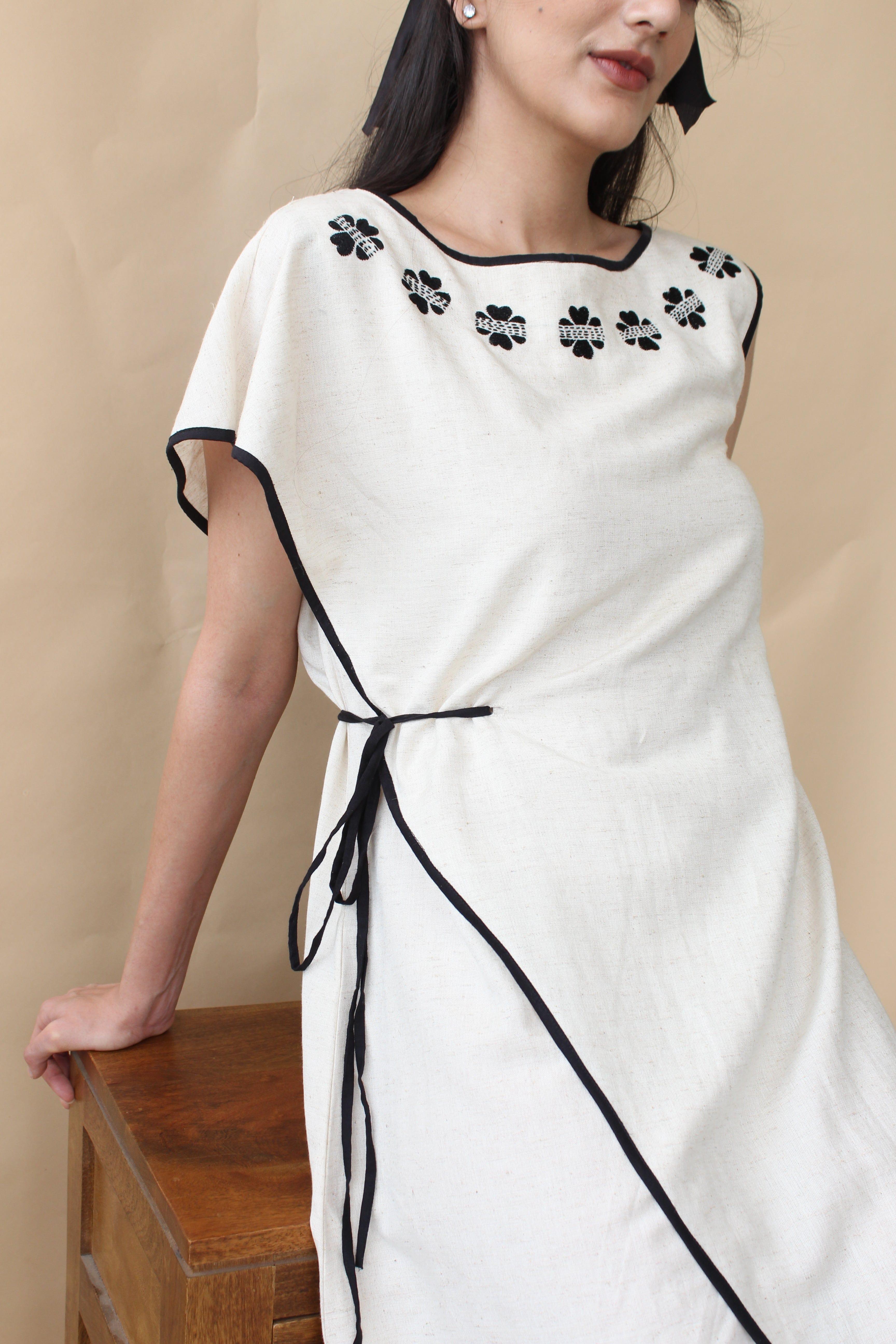 Ivory and black tie up dress with flower motifs - Sohni