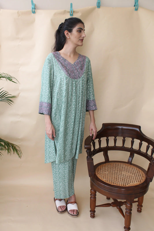 Sage green and grey overlap yoke daabu print kurta and pants set - Sohni