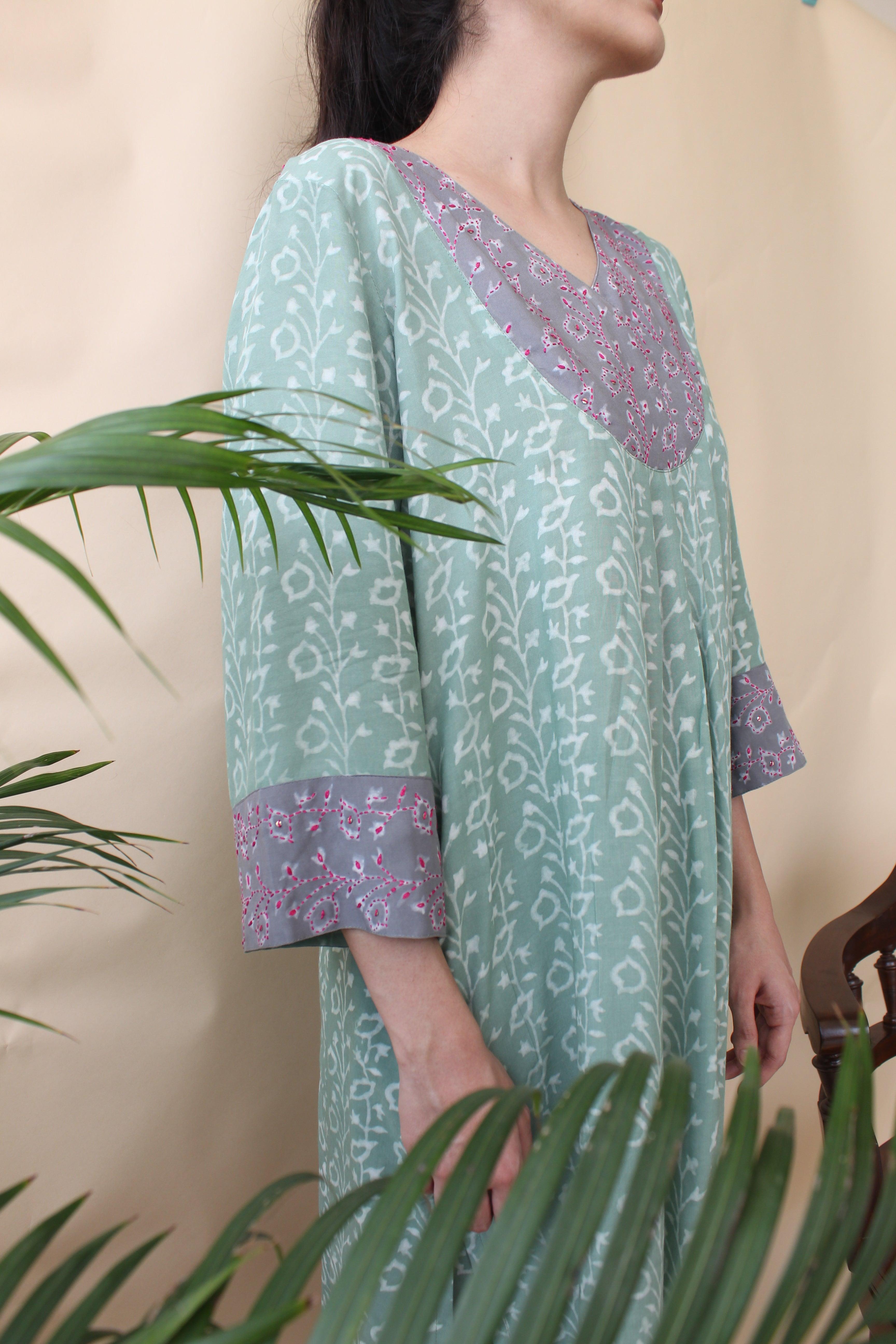 Sage green and grey overlap yoke daabu print kurta and pants set - Sohni