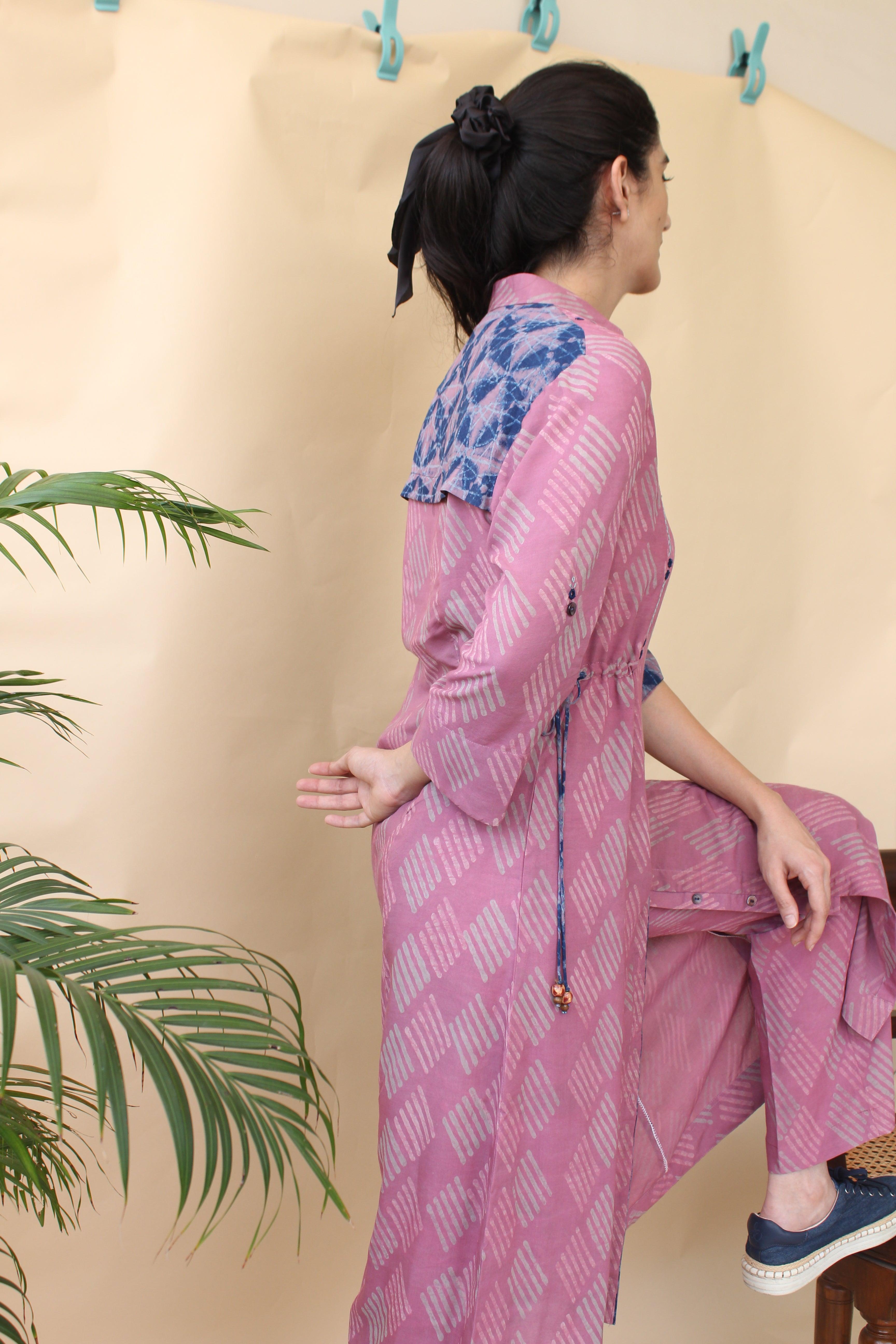 Dusty pink and indigo daabu print kurta and pants set - Sohni