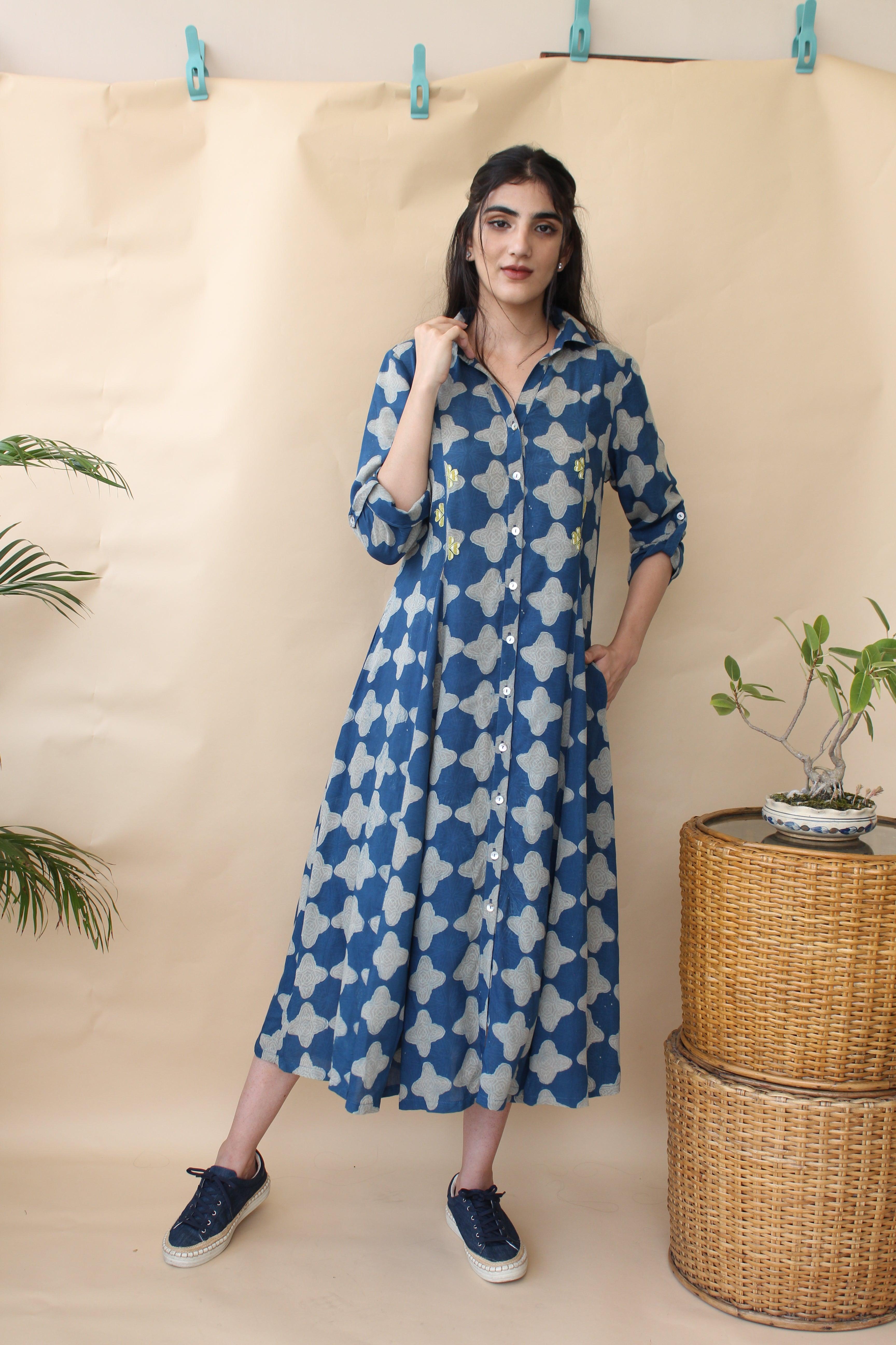 Indigo daabu print flared button down midi dress - Sohni