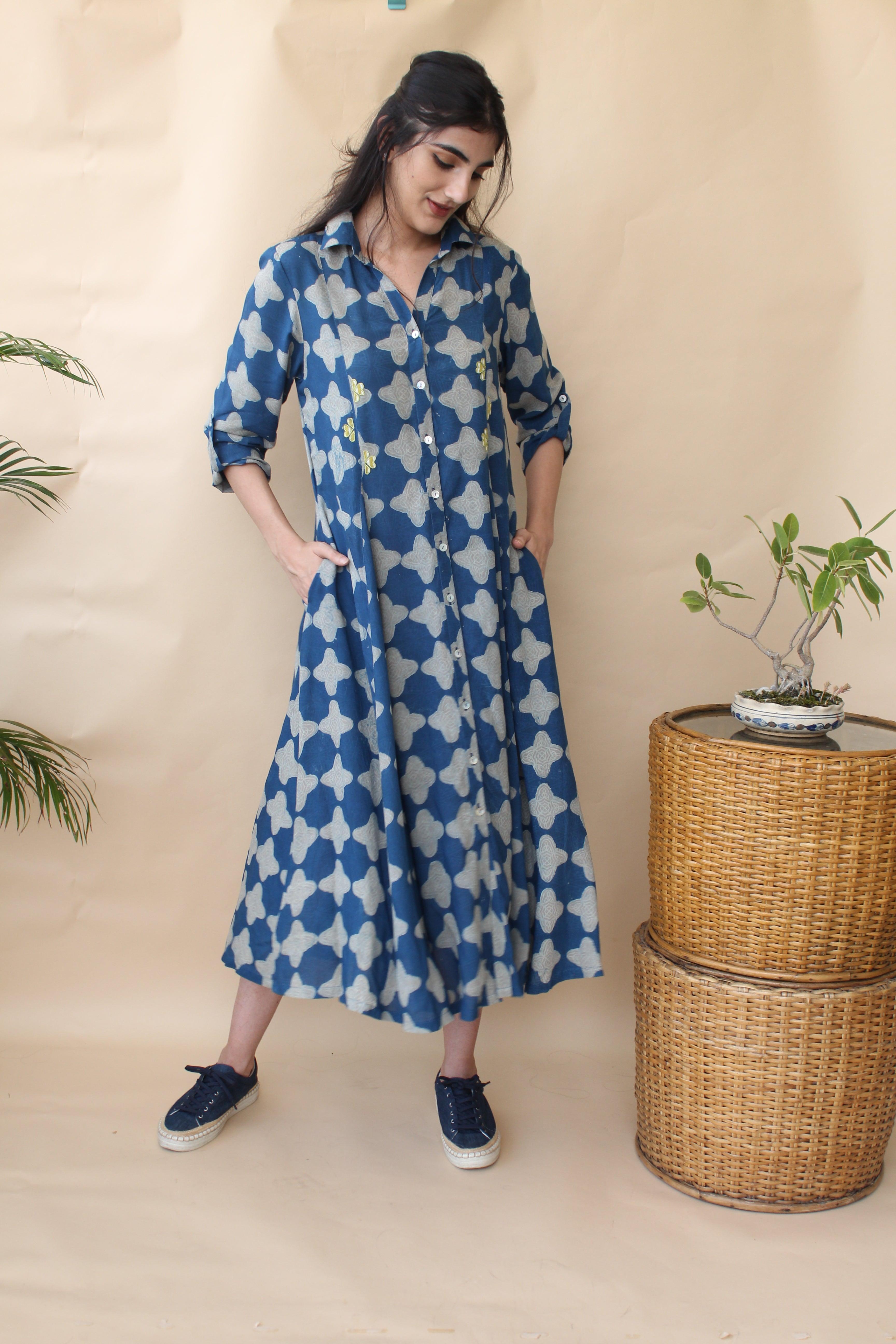 Indigo daabu print flared button down midi dress - Sohni