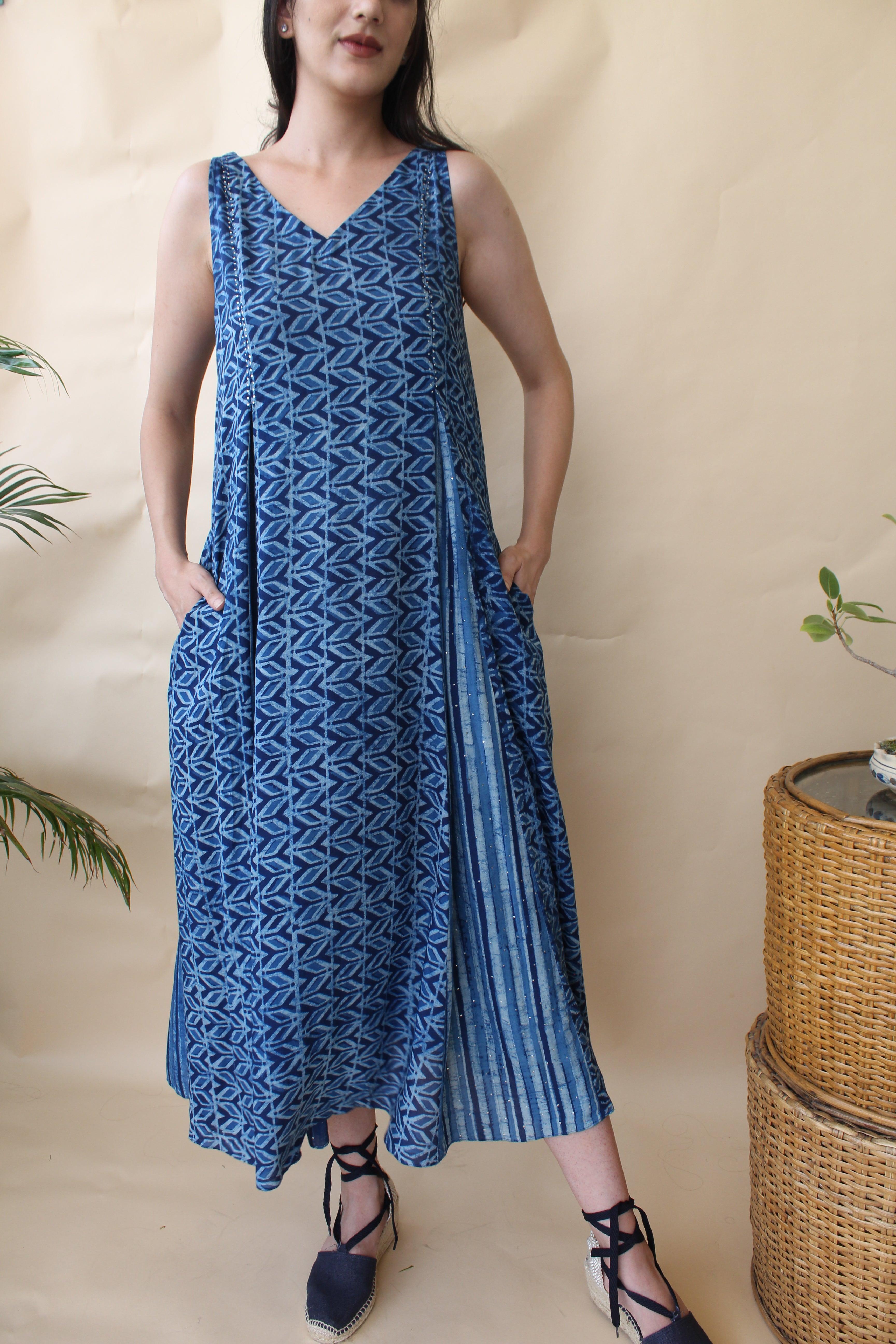 Indigo daabu print pleated midi dress with mukaish - Sohni