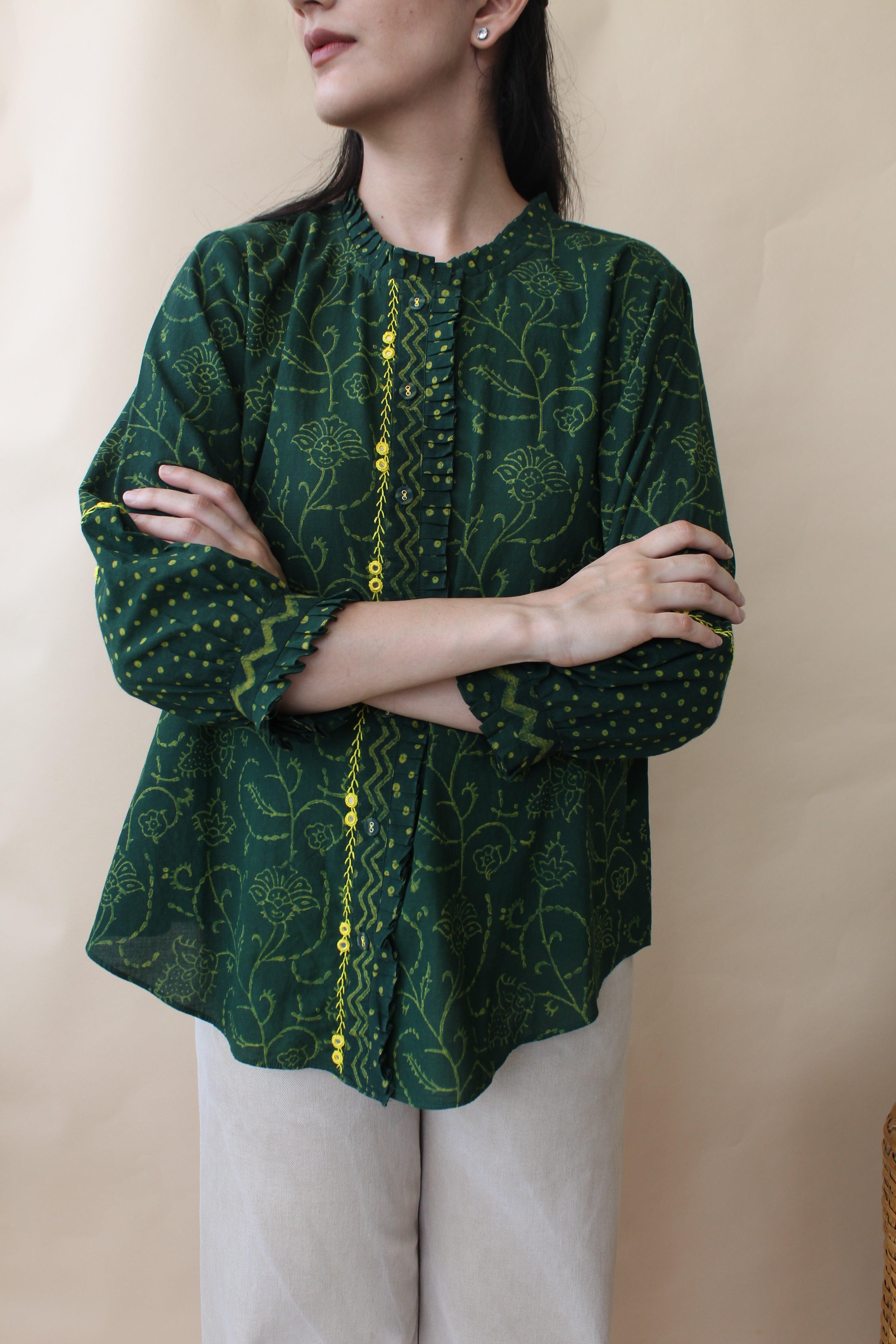 Green daabu print shirt with pleated frill - Sohni