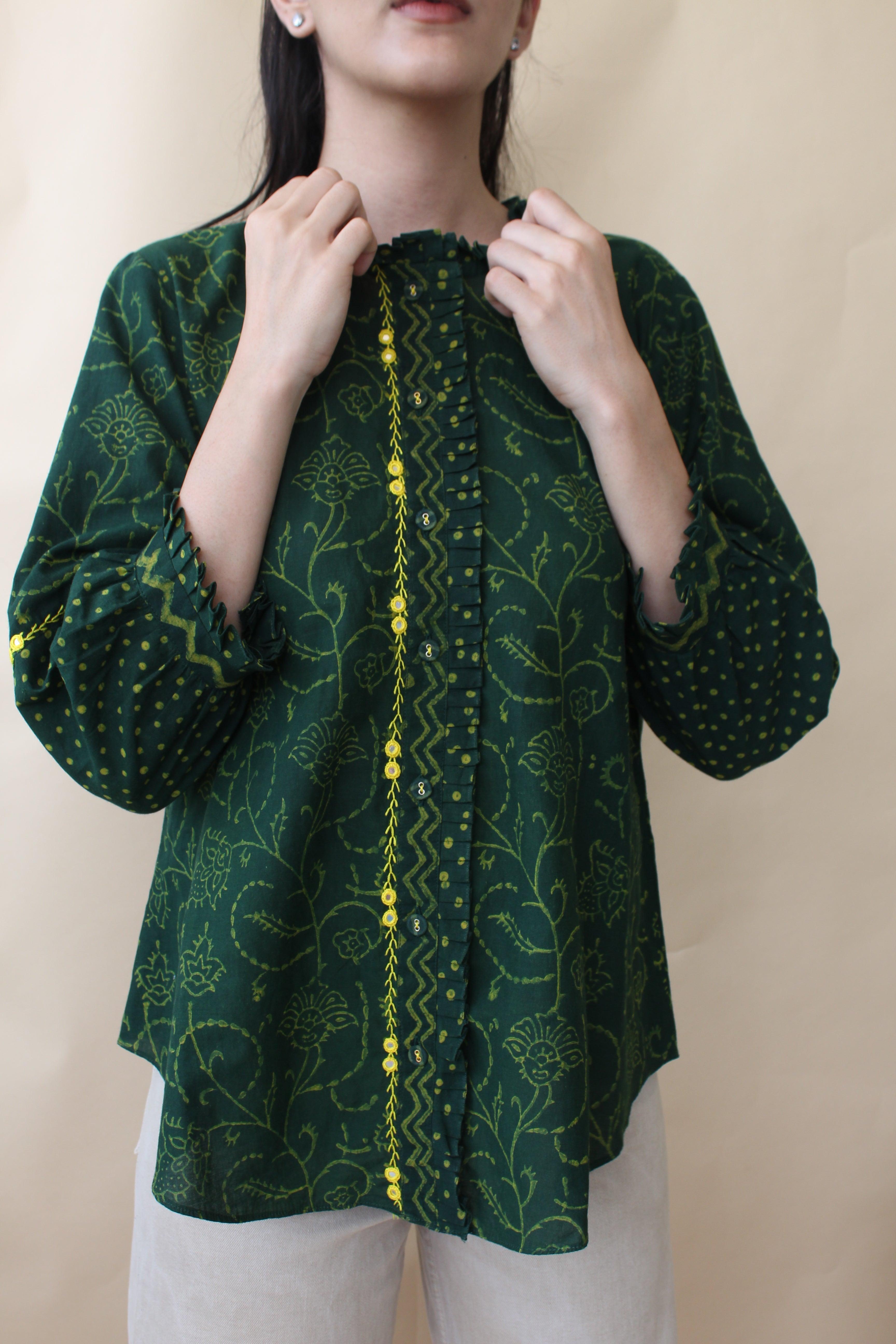 Green daabu print shirt with pleated frill - Sohni