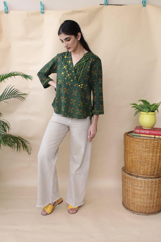 Green ajrakh overlap collar top - Sohni