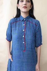 Indigo striped midi dress with scallops detail - Sohni